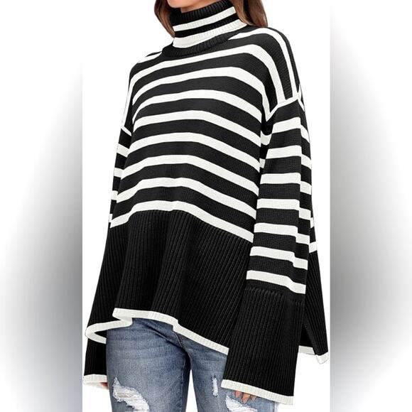 NWT REVOLVE & MINIMALIST lovers COMMENSE black white stripe oversized SWEATER L - Picture 1 of 9
